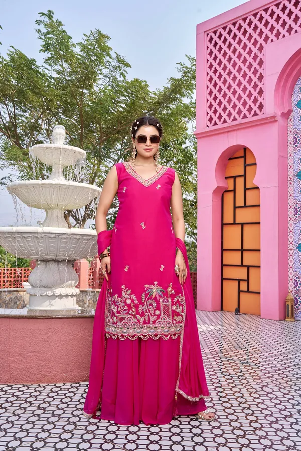 Pink_pure_star_georgette_Kurti_Plazzo_For_women