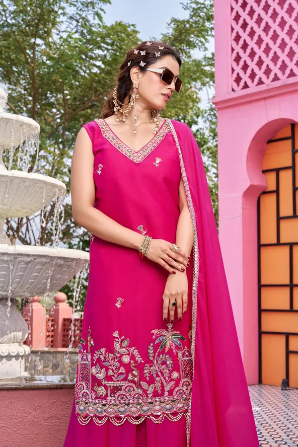 Pink_pure_star_georgette_Kurti_Plazzo_For_women