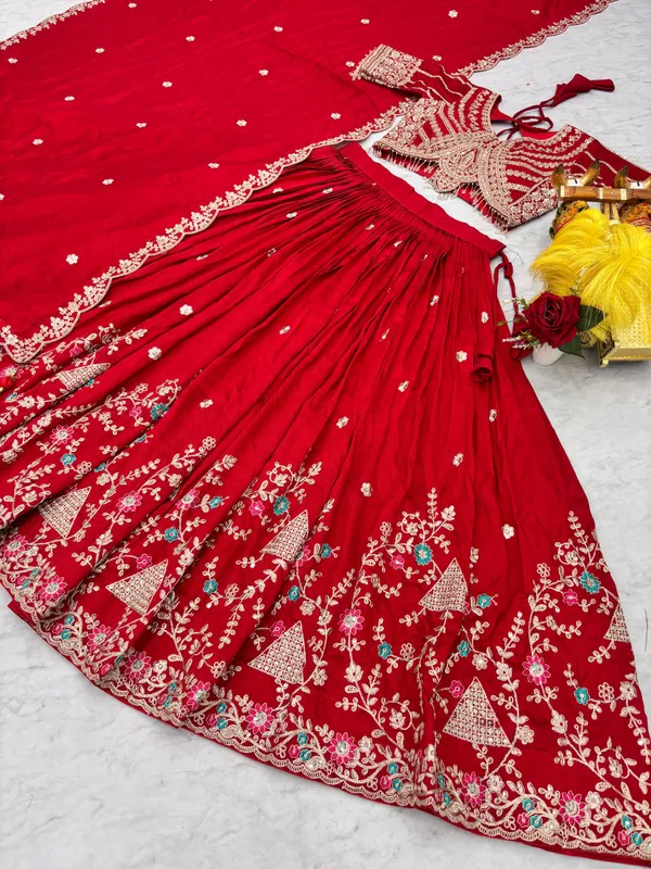 Red_Pure_Vichitra_Lehenga_Choli_For_women