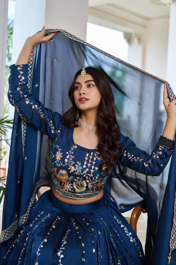 Blue_Pure_Vichitra_Lehenga_Choli_For_women
