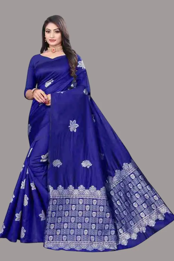 Royal_Blue_Embroidered_Silk_Saree_With_Silver_Zari_Work