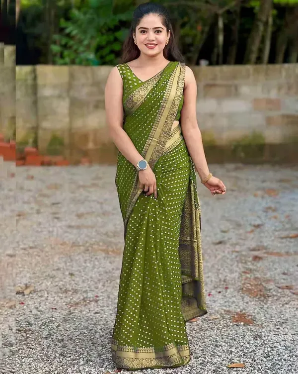 Green_Banarasi_Silk_Saree_With_Golden_Zari_Border_And_Polka_Dot_Pattern