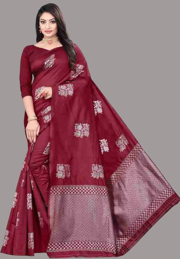 Maroon_Embroidered_Saree_With_Woven_Border_And_Pallu