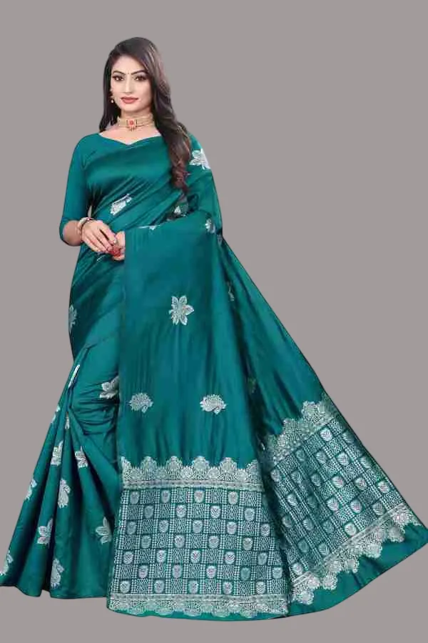 Teal_Green_Silk_Saree_With_Silver_Embroidery_And_Matching_Blouse
