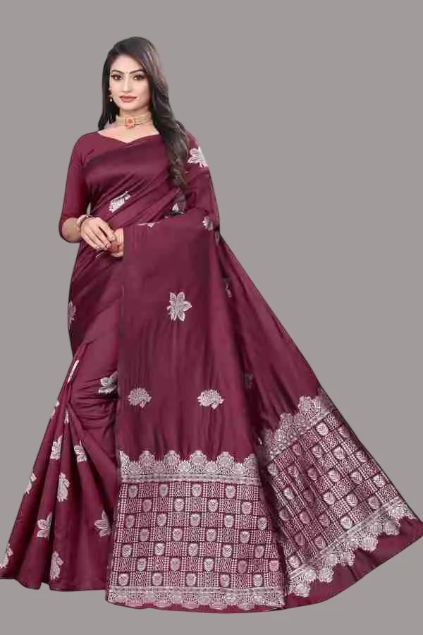 Elegant_Maroon_Embroidered_Silk_Saree_With_Silver_Zari_Work