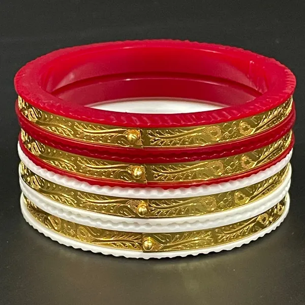 Ptslife_Traditional_Goldtone_Embossed_Bangles_With_Red_And_White_Enamel_Borders_Set_Of_Multiple_Pieces_For_Women