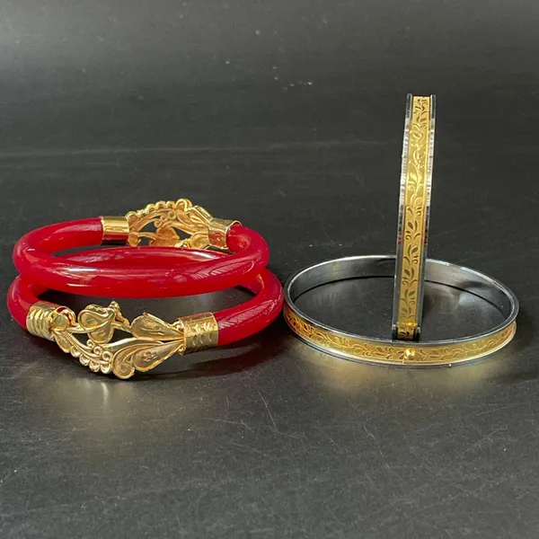 Goldtone_Dragon_Bangle_Set_With_Red_Enamel_Wrap_For_Women