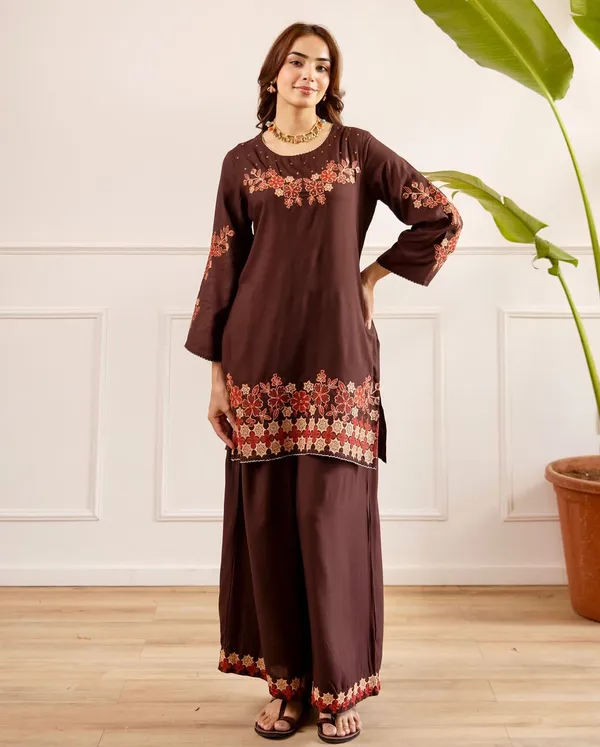 Elegant_Coffee_Brown_Embroidered_Kurti_&_Palazzo_Set_for_Women