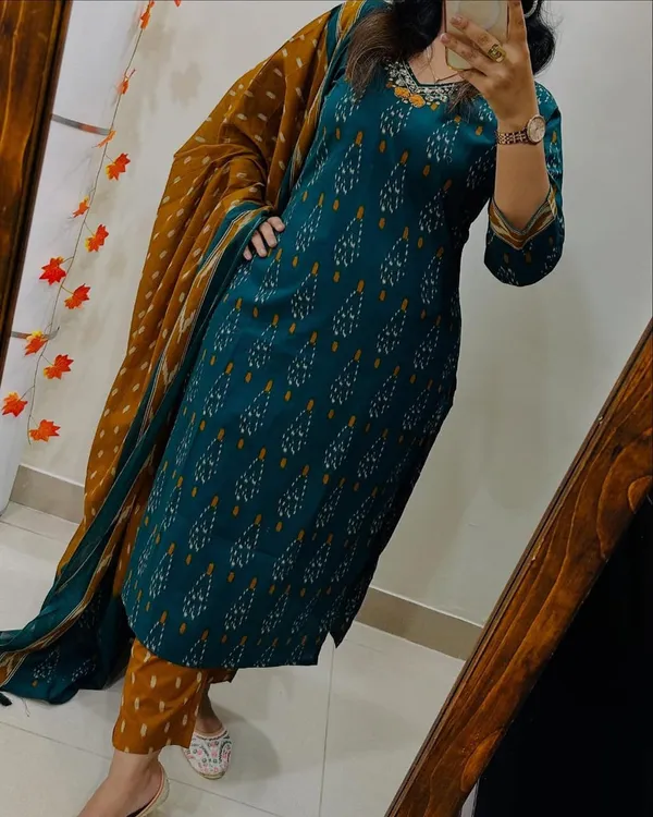 Elegant_Teal_&_Mustard_Ikat_Print_Cotton_Suit_Set