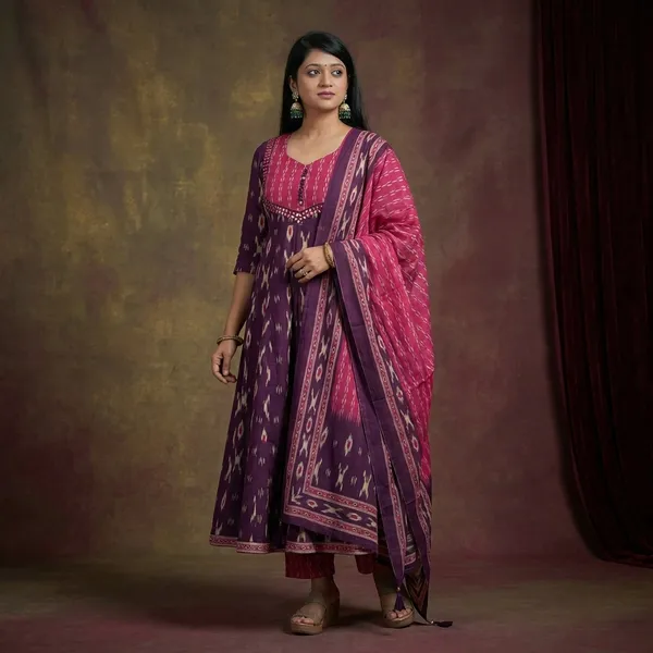 Pink_And_Purple_Ikat_Print_Anarkali_Kurta_Set_With_Dupatta