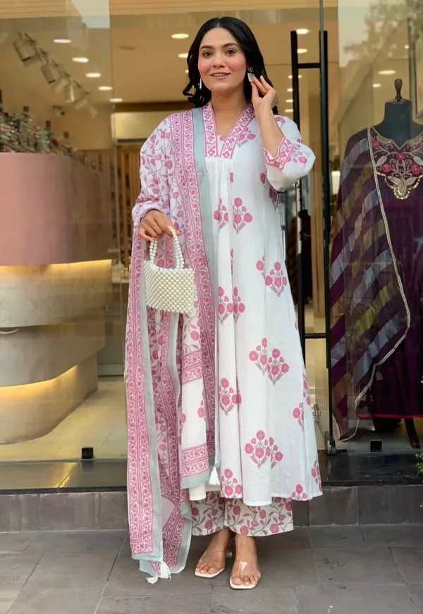 White_&_Pink_Block_Print_Kurta_Palazzo_Set_With_Dupatta_-_Womens_Ethnic_Wear