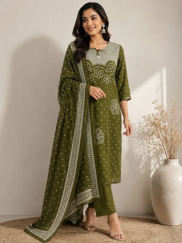 Olive_Green_Bandhani_Print_Kurta_Set_with_Dupatta