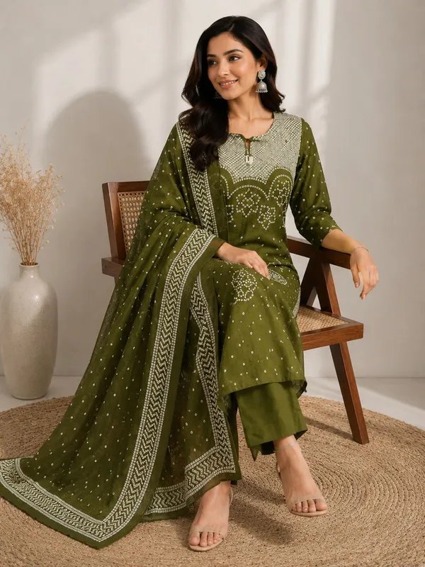 Olive_Green_Bandhani_Print_Kurta_Set_with_Dupatta