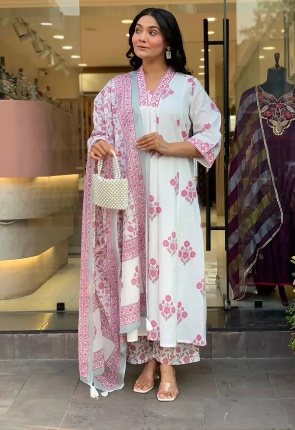 White_&_Pink_Block_Print_Kurta_Palazzo_Set_With_Dupatta_-_Womens_Ethnic_Wear