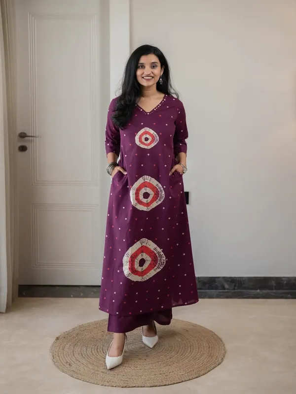 Wine_Bandhani_Print_Cotton_Kurta_Set