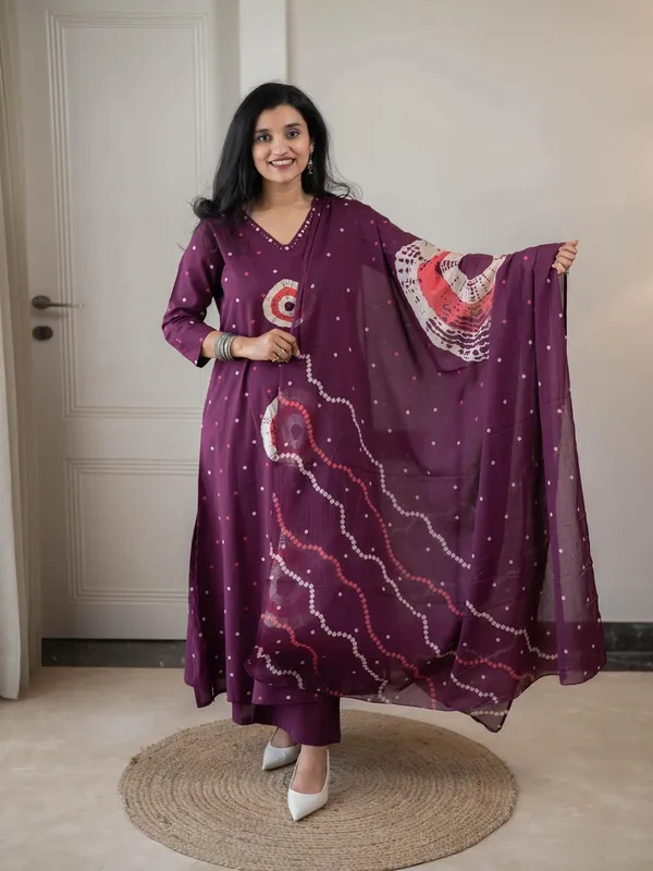 Wine_Bandhani_Print_Cotton_Kurta_Set