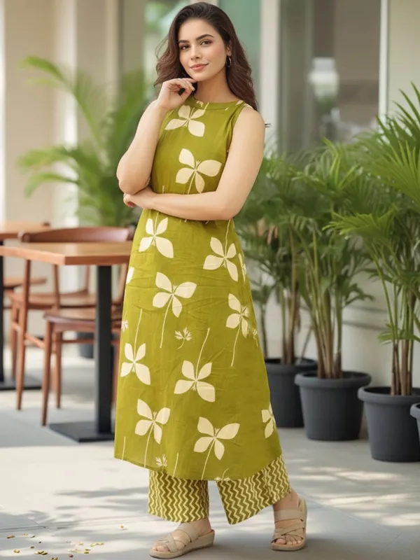 Women_Olive_Green_Printed_Cotton_Kurta_Palazzo_Set