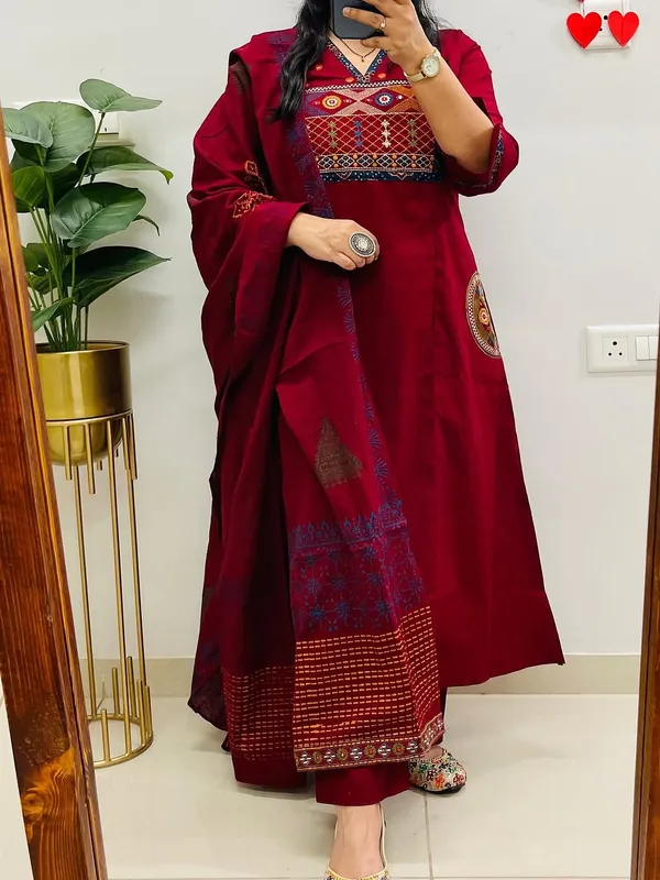 Women’s_Embroidered_Cotton_Kurti_Pant_&_Dupatta_Set_–_Wine_Maroon
