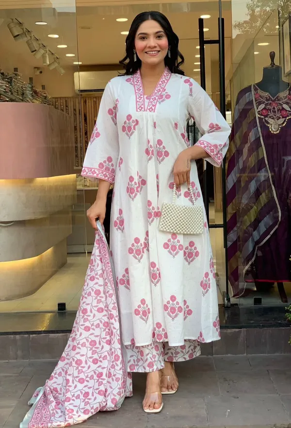 White_&_Pink_Block_Print_Kurta_Palazzo_Set_With_Dupatta_-_Womens_Ethnic_Wear
