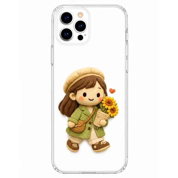 Cute_Puffy_Clay_Girl_Sunflower_Bouquet_Clear_Phone_Case