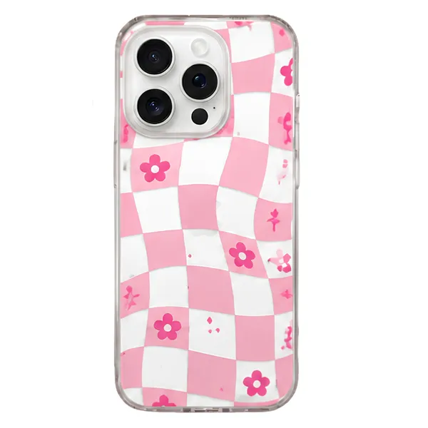 Caseculture_Retro_Pink_Checkerboard_Floral_Clear_Tpu_Mobile_Cover