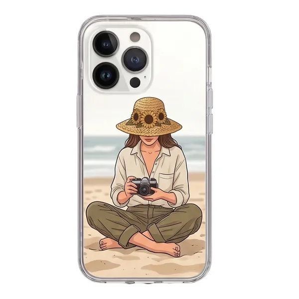 Sunflower_Hat_Beach_Photographer_Illustration_Clear_Phone_Case