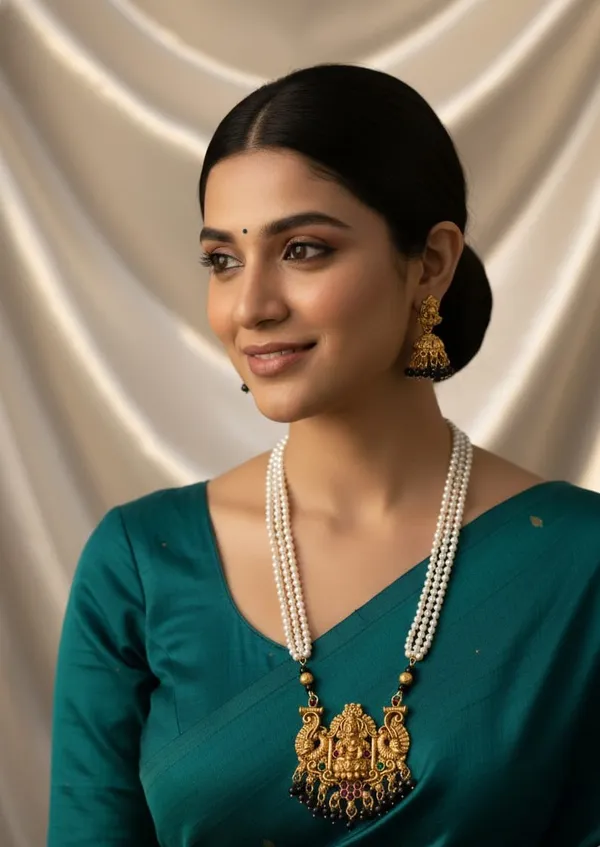Gold_Plated_South_Indian_Lakshmi_Pendant_Pearl_Long_Necklace_With_Jhumka_Earrings_Traditional_Fashion_Temple_Jewellery_Set_For_Women