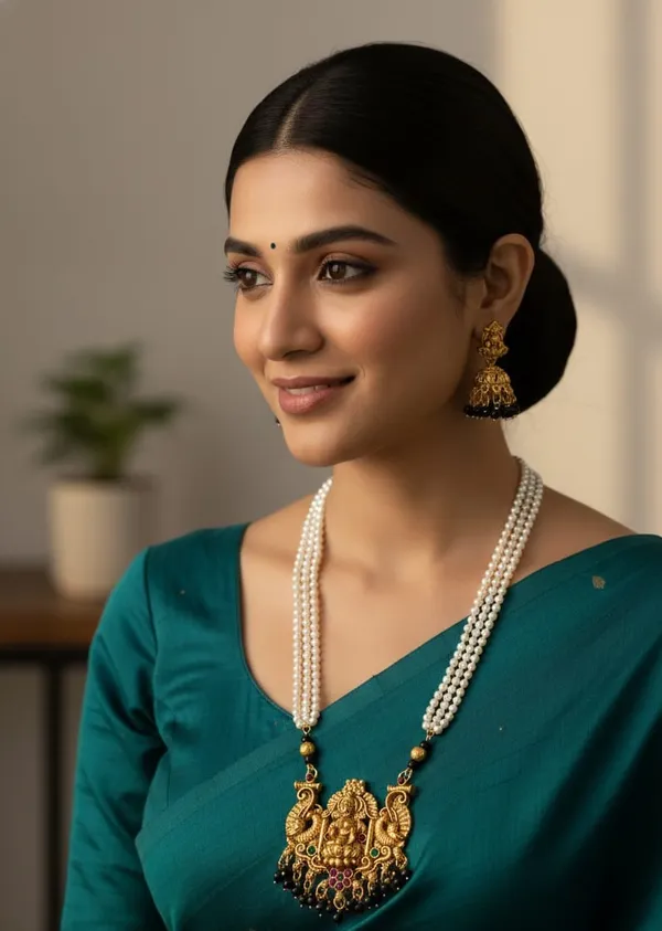 Gold_Plated_South_Indian_Lakshmi_Pendant_Pearl_Long_Necklace_With_Jhumka_Earrings_Traditional_Fashion_Temple_Jewellery_Set_For_Women