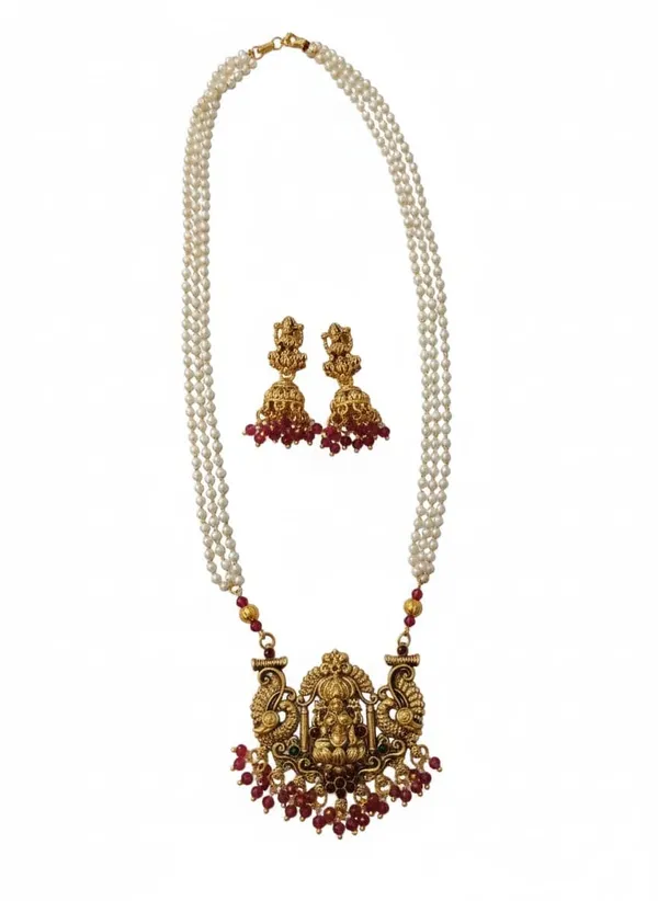 Temple_Gold_Plated_South_Indian_Lakshmi_Pendant_Pearl_Long_Necklace_With_Jhumka_Earrings_Traditional_Fashion_Jewellery_Set_For_Women