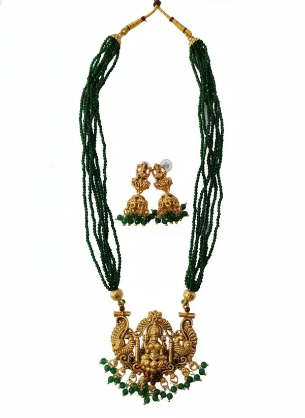 Traditional_Temple_Jewellery_Ruby_Beads_Goddess_Lakshmi_Pendant_With_Matching_Jhumka_Earrings_South_Indian_Bridal_Necklace_Set_For_Women