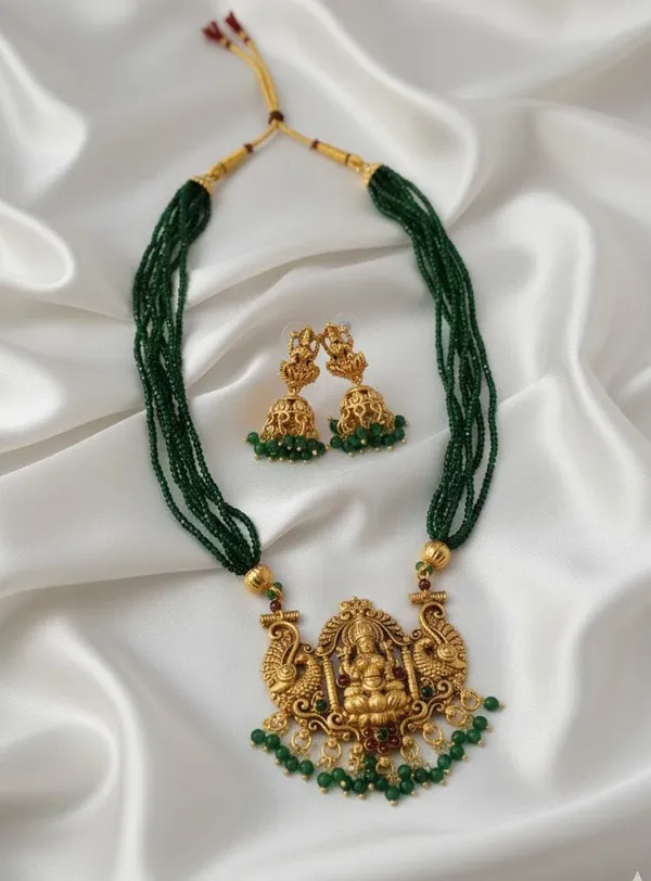 Traditional_Temple_Jewellery_Ruby_Beads_Goddess_Lakshmi_Pendant_With_Matching_Jhumka_Earrings_South_Indian_Bridal_Necklace_Set_For_Women