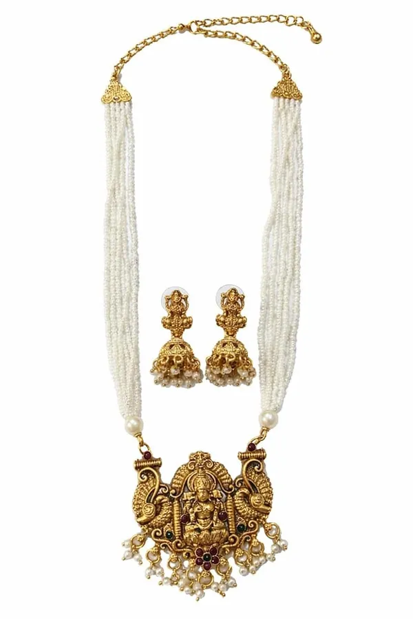 Traditional_Temple_Jewellery_Ruby_Beads_Goddess_Lakshmi_Pendant_With_Matching_Jhumka_Earrings_South_Indian_Bridal_Necklace_Set_For_Women