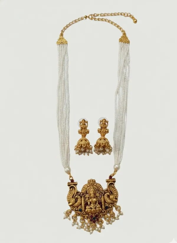Traditional_Temple_Jewellery_Ruby_Beads_Goddess_Lakshmi_Pendant_With_Matching_Jhumka_Earrings_South_Indian_Bridal_Necklace_Set_For_Women