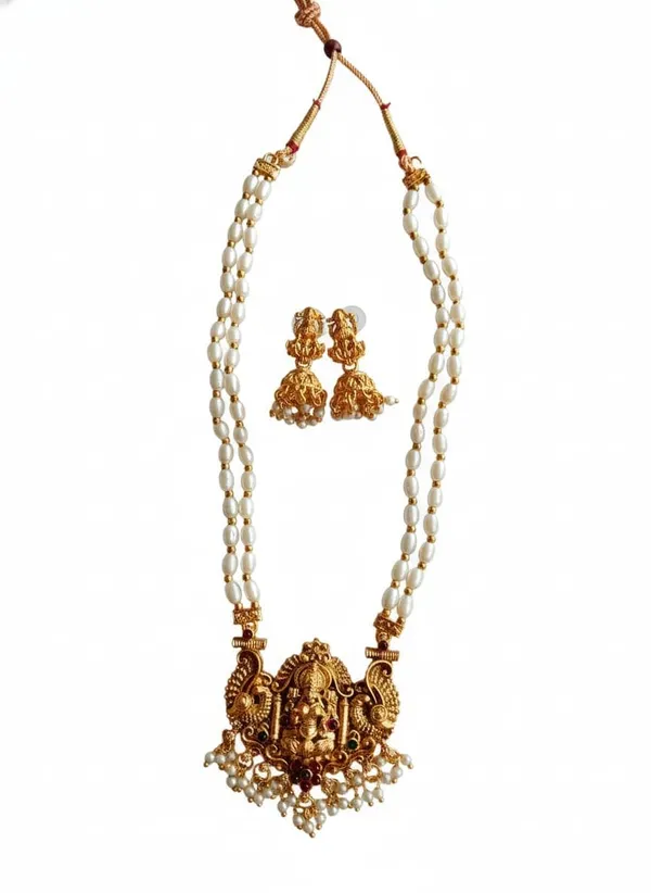 Traditional_South_Indian_Temple_Jewellery_Lakshmi_Pendant_Necklace_Set_With_2_Line_Red_Tumble_Beads_Mala_Matching_Jhumka_Earrings_For_Women