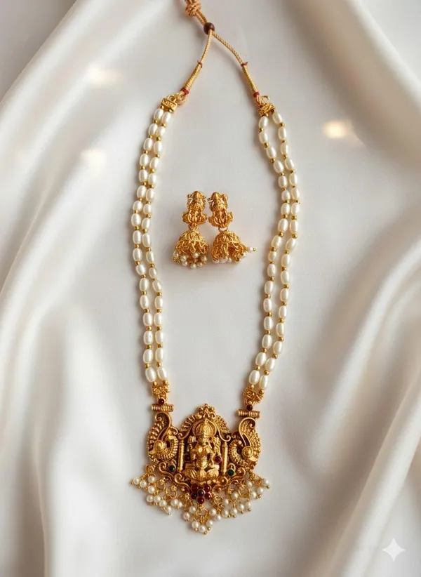Traditional_South_Indian_Temple_Jewellery_Lakshmi_Pendant_Necklace_Set_With_2_Line_Red_Tumble_Beads_Mala_Matching_Jhumka_Earrings_For_Women