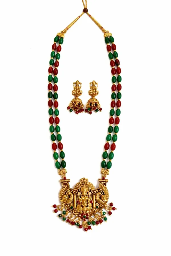 Traditional_South_Indian_Temple_Jewellery_Lakshmi_Pendant_Necklace_Set_With_2_Line_Red_Tumble_Beads_Mala_Matching_Jhumka_Earrings_For_Women