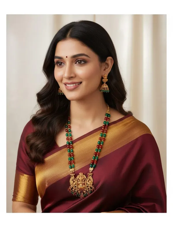 Traditional_South_Indian_Temple_Jewellery_Lakshmi_Pendant_Necklace_Set_With_2_Line_Red_Tumble_Beads_Mala_Matching_Jhumka_Earrings_For_Women