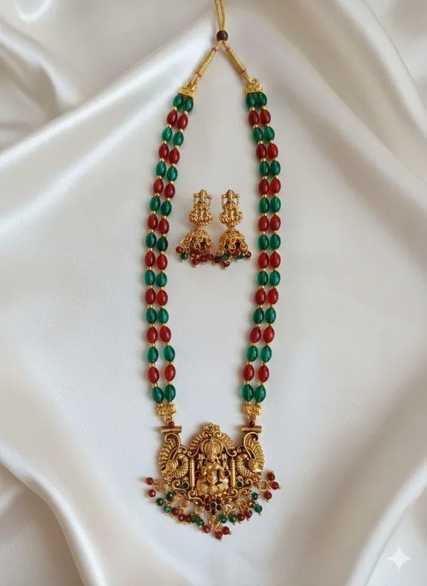 Traditional_South_Indian_Temple_Jewellery_Lakshmi_Pendant_Necklace_Set_With_2_Line_Red_Tumble_Beads_Mala_Matching_Jhumka_Earrings_For_Women