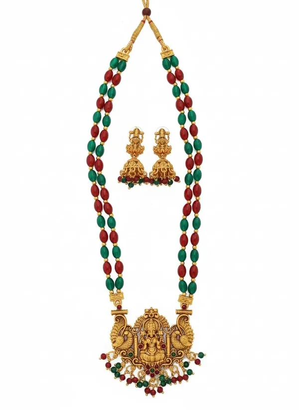 Traditional_South_Indian_Temple_Jewellery_Lakshmi_Pendant_Necklace_Set_With_2_Line_Red_Tumble_Beads_Mala_Matching_Jhumka_Earrings_For_Women
