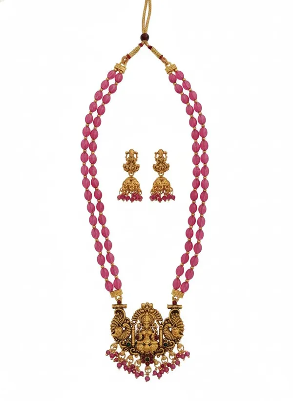 Traditional_South_Indian_Temple_Jewellery_Lakshmi_Pendant_Necklace_Set_With_2_Line_Red_Tumble_Beads_Mala_Matching_Jhumka_Earrings_For_Women