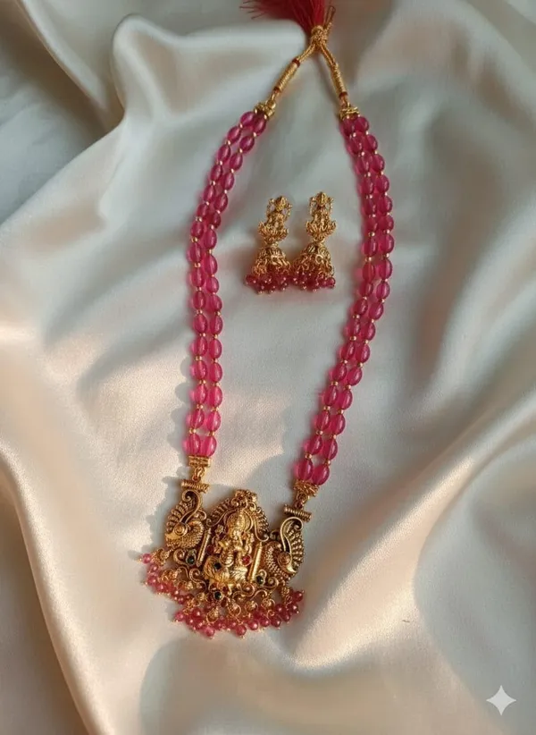Traditional_South_Indian_Temple_Jewellery_Lakshmi_Pendant_Necklace_Set_With_2_Line_Red_Tumble_Beads_Mala_Matching_Jhumka_Earrings_For_Women