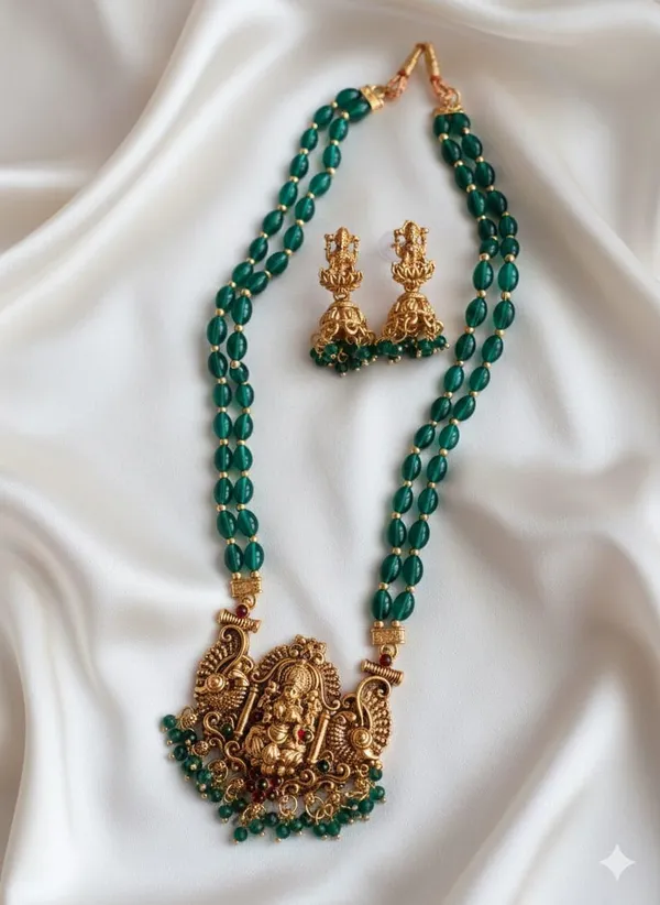 Traditional_South_Indian_Temple_Jewellery_Lakshmi_Pendant_Necklace_Set_With_2_Line_Red_Tumble_Beads_Mala_Matching_Jhumka_Earrings_For_Women
