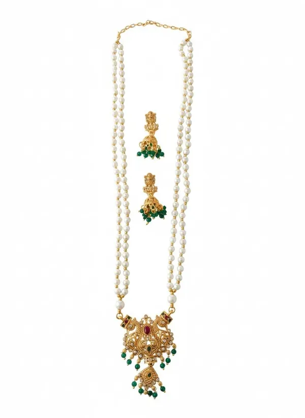 South_Indian_Temple_Jewellery_Pearl_Long_Haram_Necklace_Set_For_Women_Gold_Plated_Bridal_Wedding_Jewellery_With_Jhumka_Earrings_Festive_White_Pearl_35_Cm