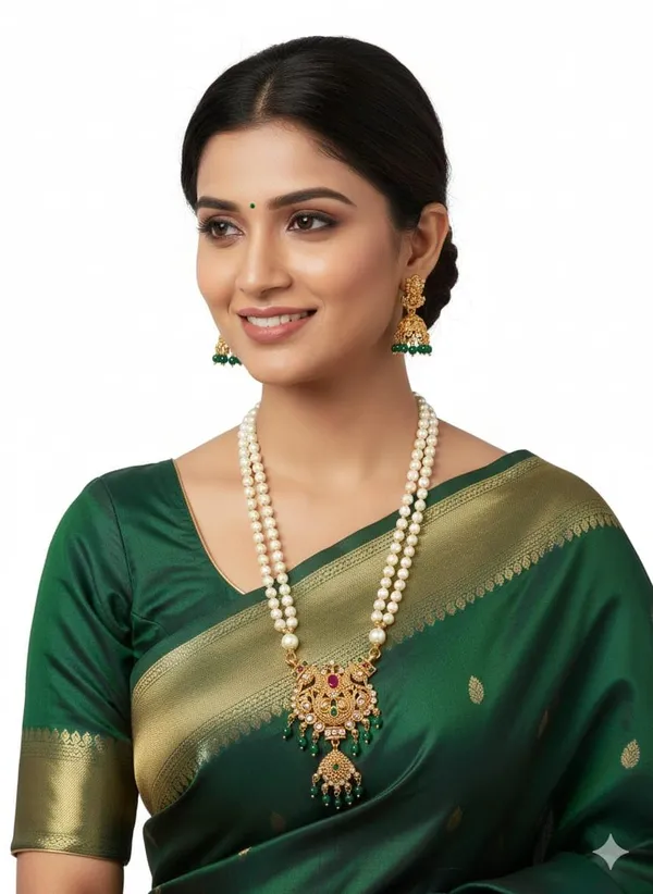 South_Indian_Temple_Jewellery_Pearl_Long_Haram_Necklace_Set_For_Women_Gold_Plated_Bridal_Wedding_Jewellery_With_Jhumka_Earrings_Festive_White_Pearl_35_Cm