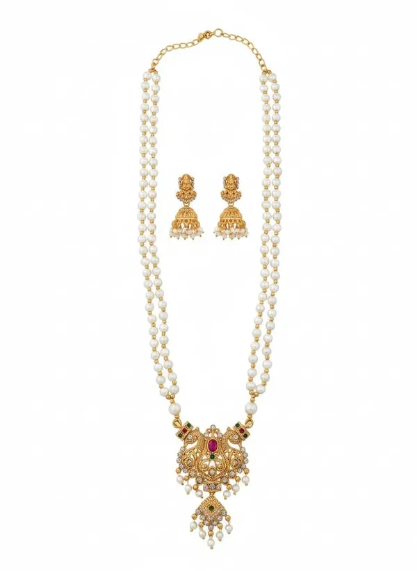 South_Indian_Temple_Jewellery_Pearl_Long_Haram_Necklace_Set_For_Women_Gold_Plated_Bridal_Wedding_Jewellery_With_Jhumka_Earrings_Festive_White_Pearl_35_Cm