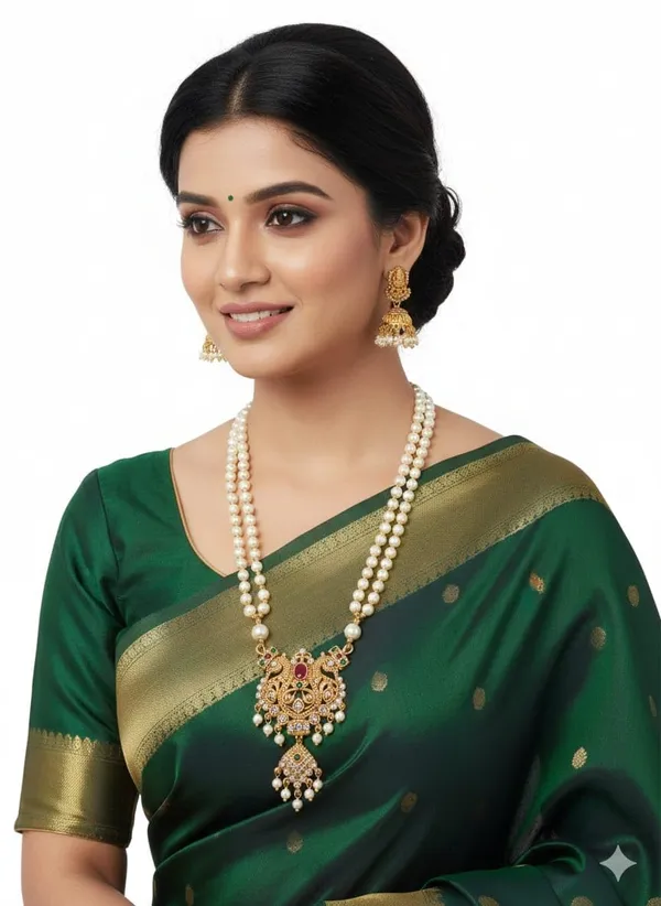 South_Indian_Temple_Jewellery_Pearl_Long_Haram_Necklace_Set_For_Women_Gold_Plated_Bridal_Wedding_Jewellery_With_Jhumka_Earrings_Festive_White_Pearl_35_Cm