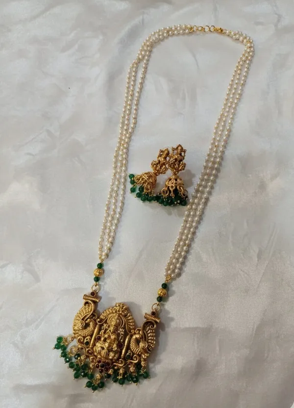 Gold_Plated_South_Indian_Lakshmi_Pendant_Pearl_Long_Necklace_With_Jhumka_Earrings_Traditional_Fashion_Temple_Jewellery_Set_For_Women