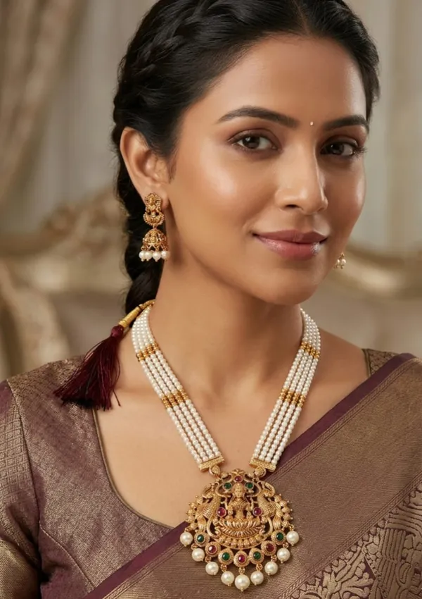 Lakshmi_Devi_Pearl_Pendant_With_4_Line_Crystal_Mala_With_Earring_For_Women