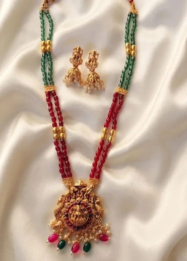 Lakshmi_Devi_Pendant_With_Two_Line_Tumble_Golden_Long_Set_For_Women