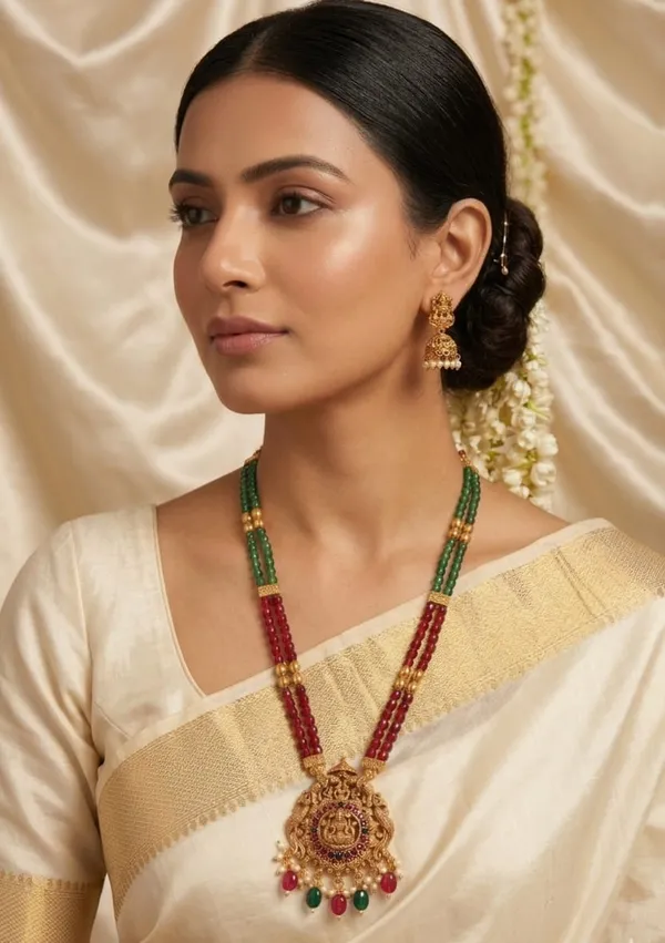 Lakshmi_Devi_Pendant_With_Two_Line_Tumble_Golden_Long_Set_For_Women